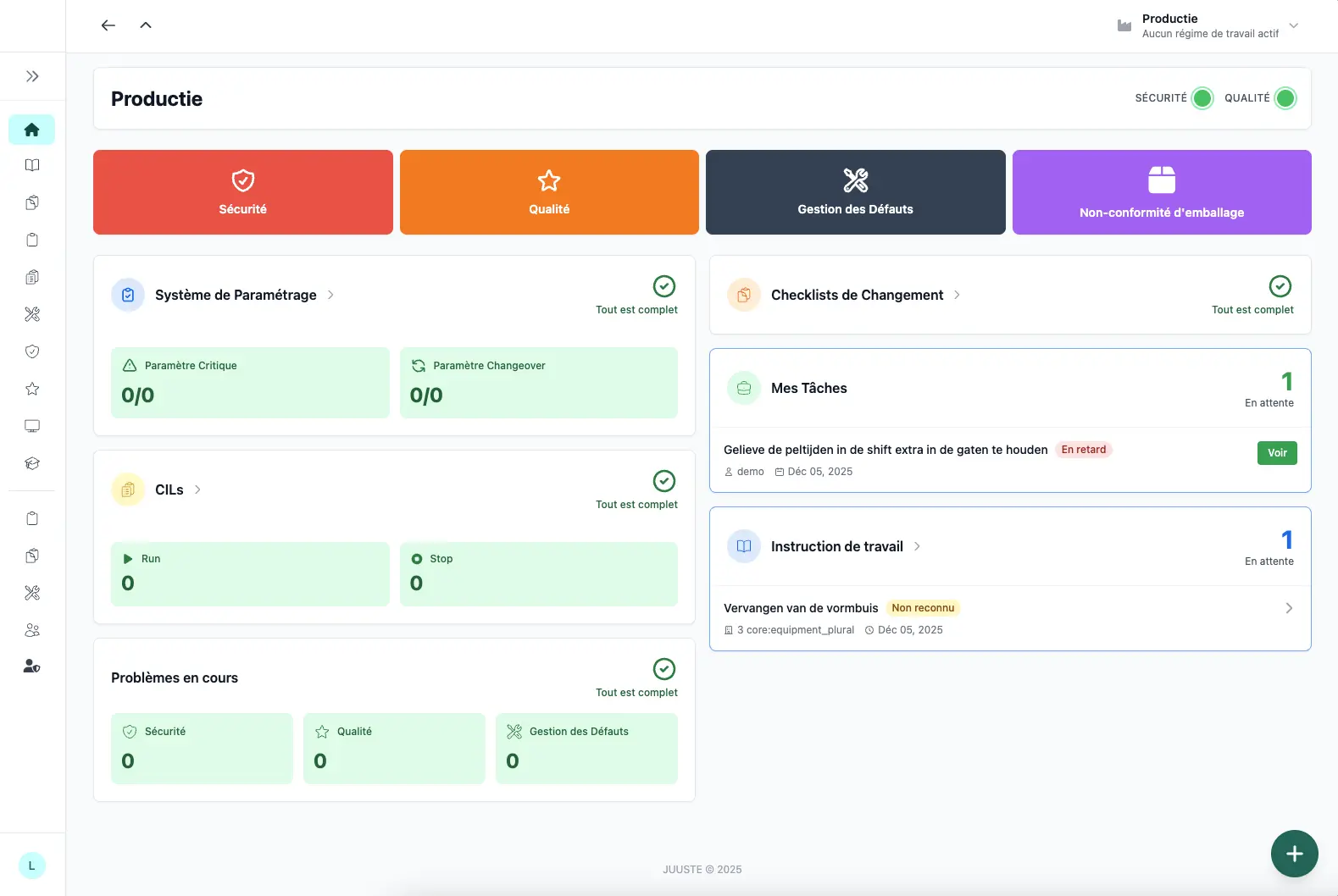 JUUSTE operator dashboard showing safety, quality, CIL tasks, and work instructions